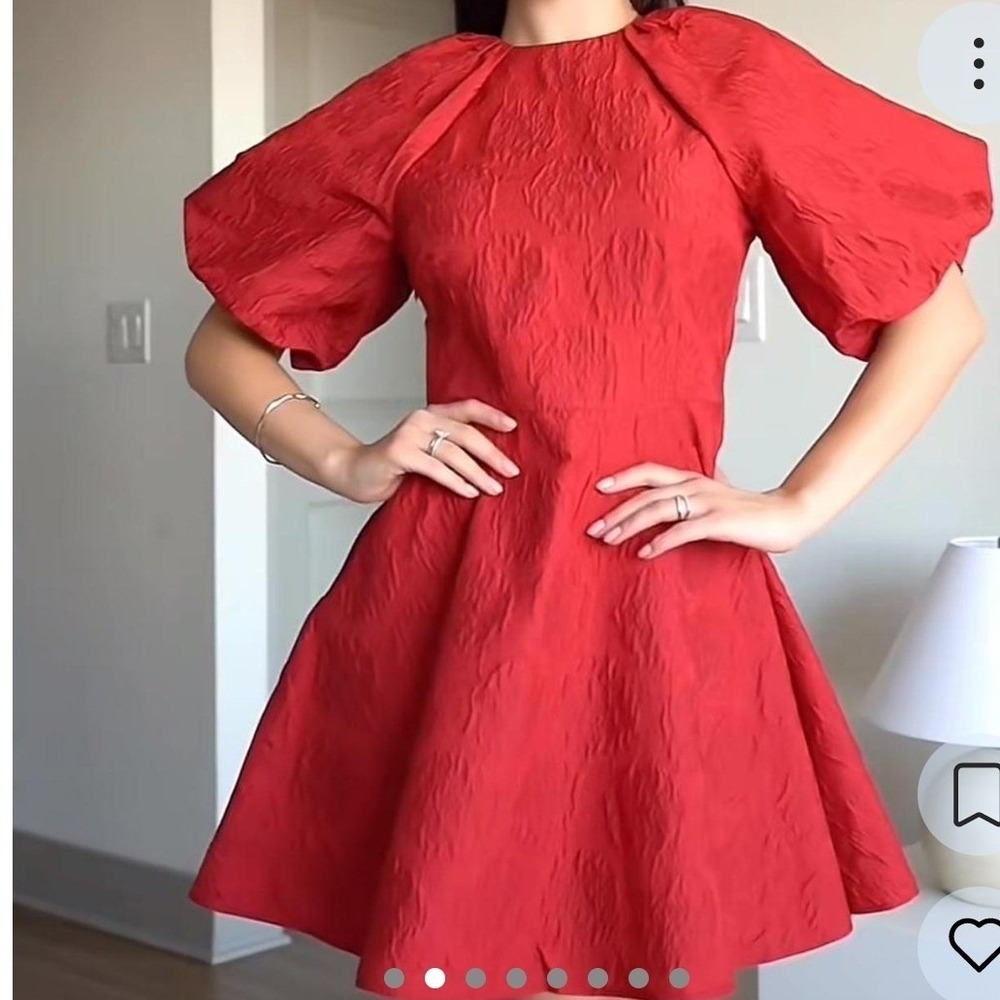 H&M Red Cloqué Puff Sleeve Mini Dress Open Tie Back Fit & Flare Small